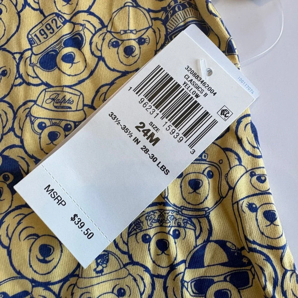 Ralph Lauren Polo Bear T-Shirt Yellow Blue Graphic Tee Toddler‎ 24M Allover NWT
